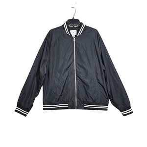 H&M Black Bomber‎ Jacket XL Lightweight Full Zip Striped Collar Cuffs Ribbed